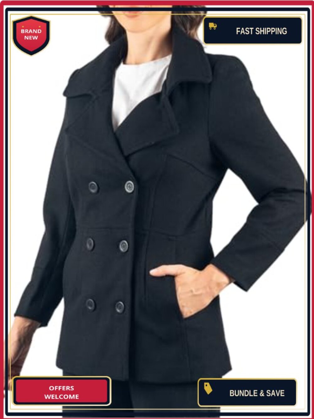 Women's Peacoat Double-Breasted Wool Blend 3/4 Length Winter Coat